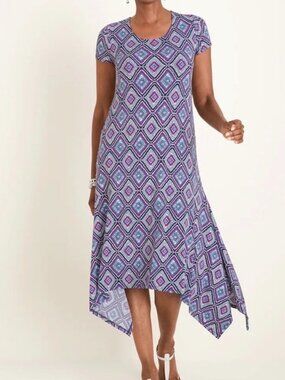 NWT Chico’s 0 Maxi Dress Purple Blue Diamond Print Sharkbite Hem Size 4/6